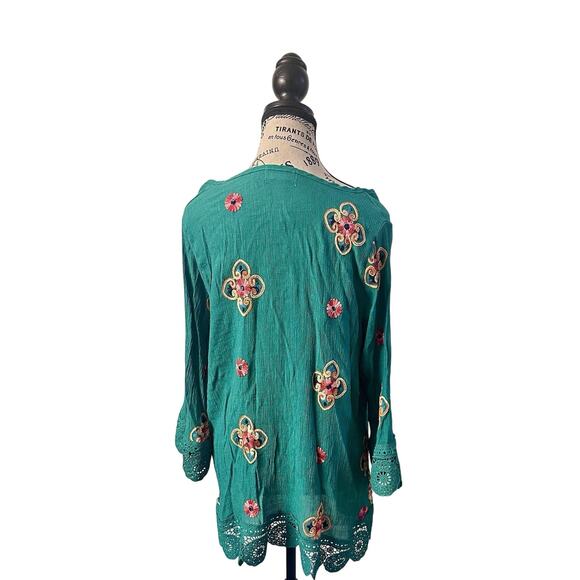 Anthropologie Kindred Embroidered Tunic Womens 3X Green Floral Bohemian Blouse - Picture 2 of 9